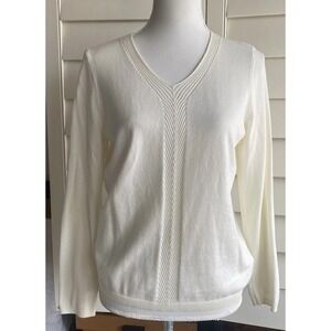 Talbots Modern V-Neck Sweater M Petite Pullover Stretch Ribbed Details Off White